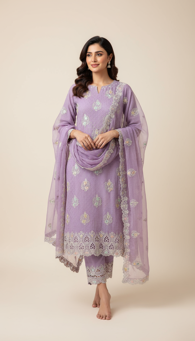 Luxury Lilac Embroidered Organza 3-Piece Pakistani Suit with Sequins & Cutwork Lace